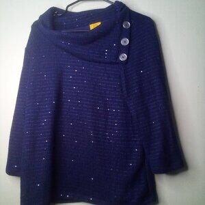 Ruby Rd Sweater M Women Pullover 3/4 Sleeve Cowl Neck Button Detail Blue